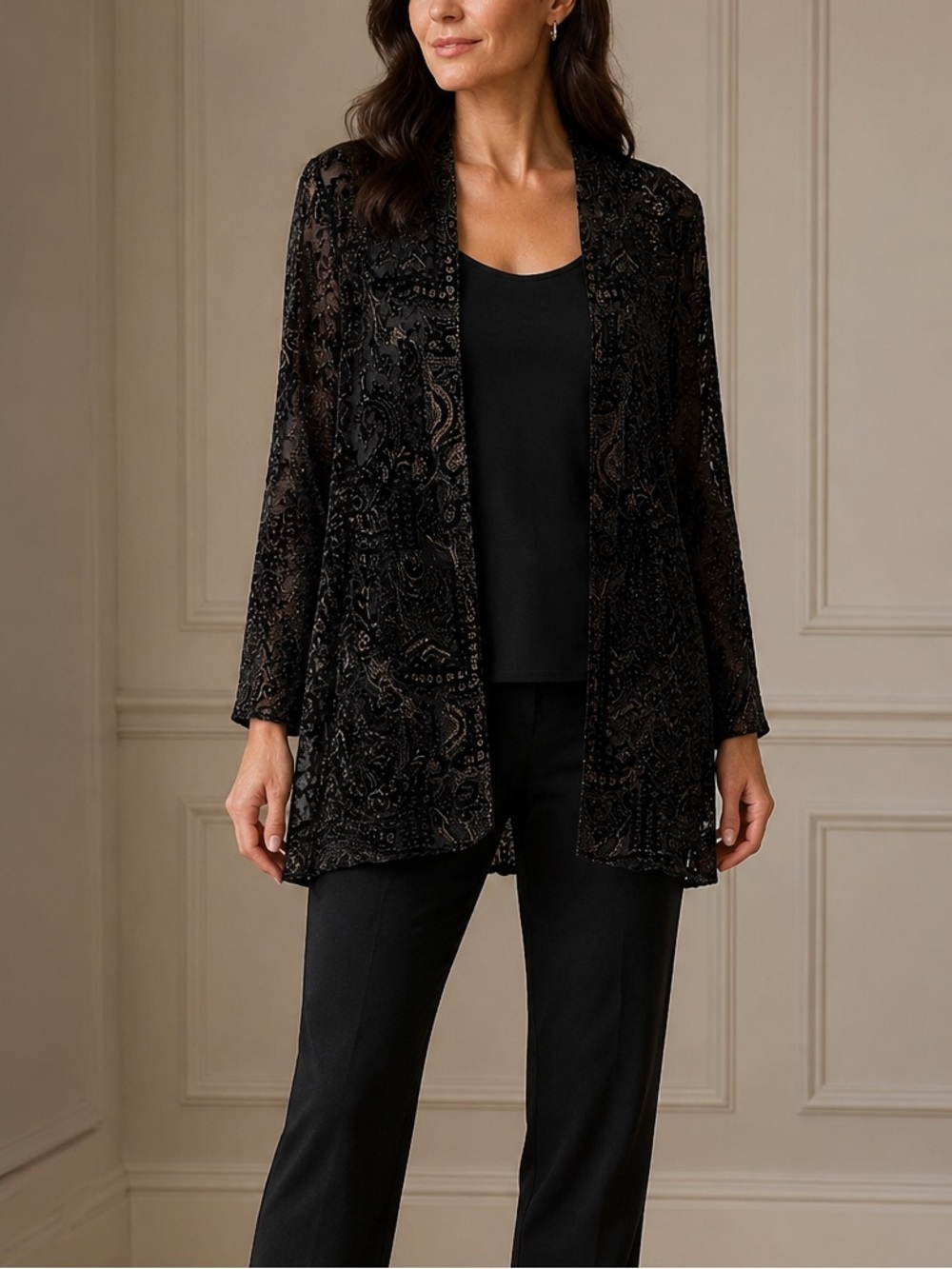 Carole Little XL Black Velvet Burnout Paisley Open Front Jacket Cardigan Vintage